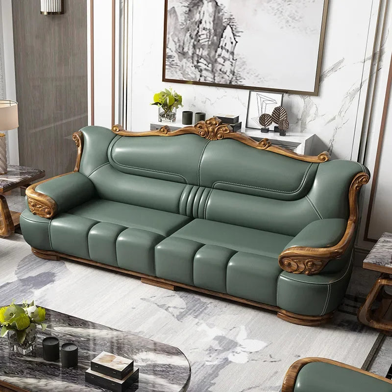 New Chinese-style simple ebony leather sofa luxury villa living room size apartment solid wood furniture corner combination