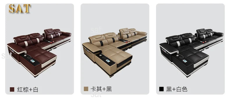 for Modern Living Room Sofas L Shape Corner Italian Genuine Leather Couch with Speake,Radio,USB, Bluetooth, Cup Holder