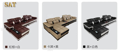for Modern Living Room Sofas L Shape Corner Italian Genuine Leather Couch with Speake,Radio,USB, Bluetooth, Cup Holder