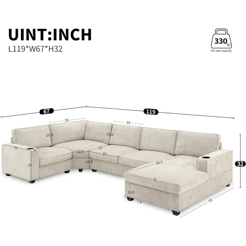 Large U-Shaped 6-Seat Chenille Sectional Sofa Set with Chaise, Cup Holders for Spacious Living Room