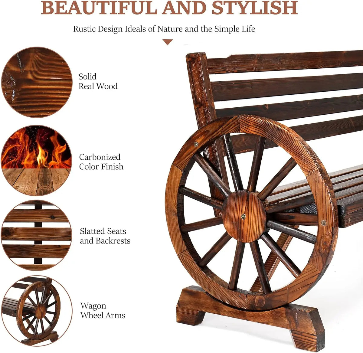 Rustic Wooden Outdoor Bench with Wagon Wheel Arms, 3-Seater Garden Patio Furniture for Porch or Yard