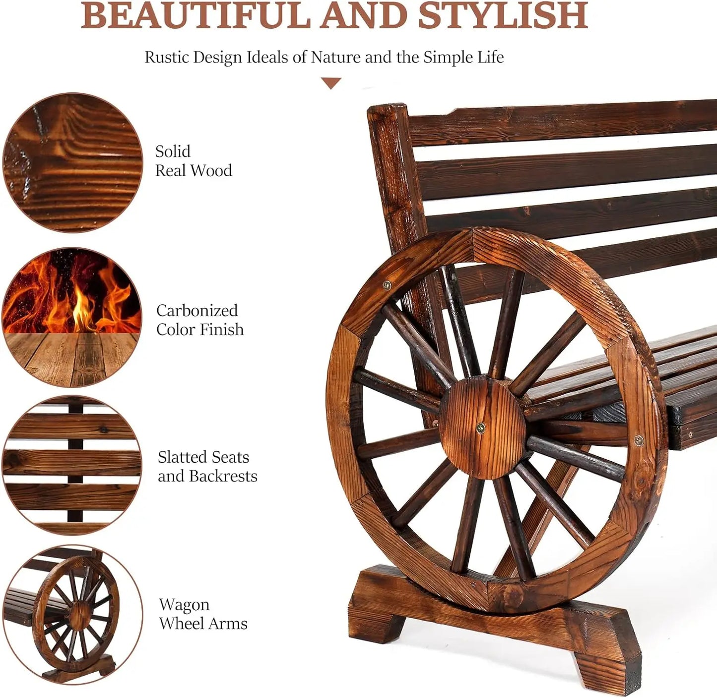 Rustic Wooden Outdoor Bench with Wagon Wheel Arms, 3-Seater Garden Patio Furniture for Porch or Yard