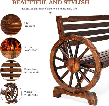 Rustic Wooden Outdoor Bench with Wagon Wheel Arms, 3-Seater Garden Patio Furniture for Porch or Yard