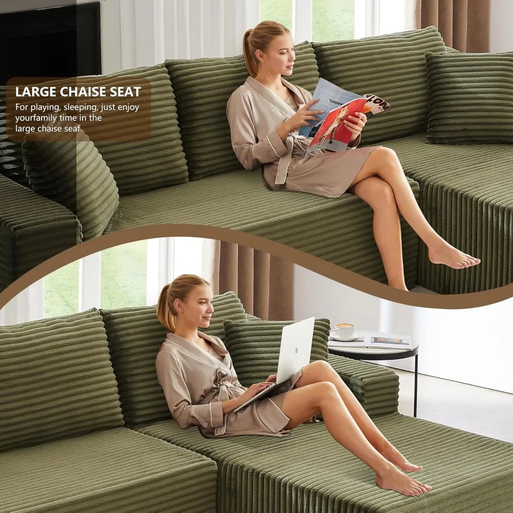 Corduroy L-Shaped Sectional Sofa with Right Chaise, Cloud Comfort Couch for Living Room