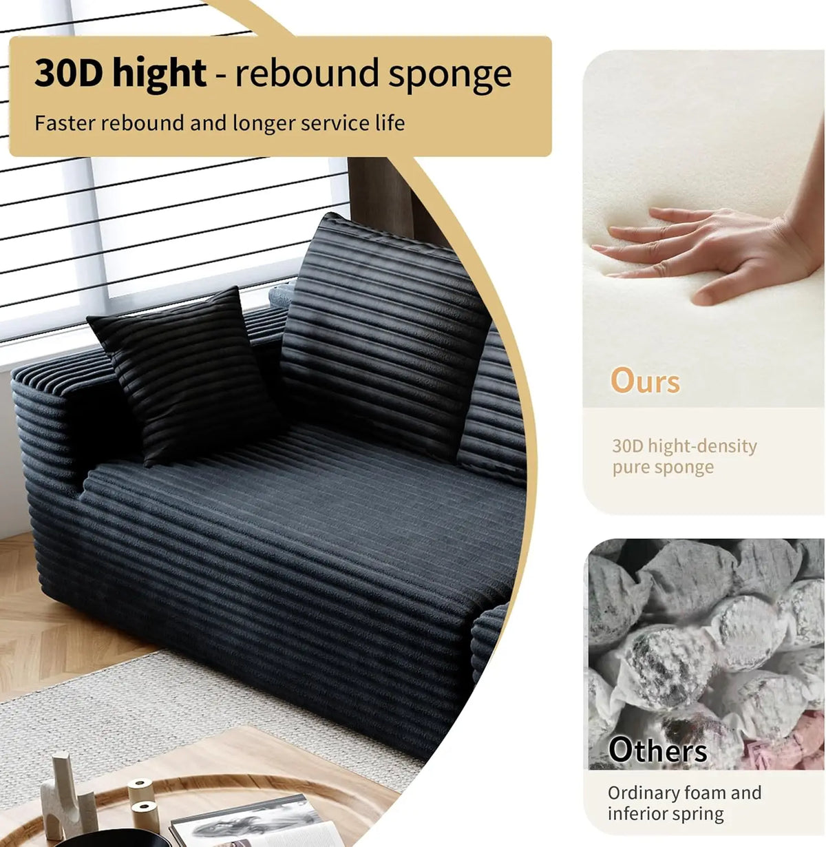 Cloud-style sectional sofa, with corduroy cover, fluffy memory foam cushions, easily assembled, modular recliner, large sofa set