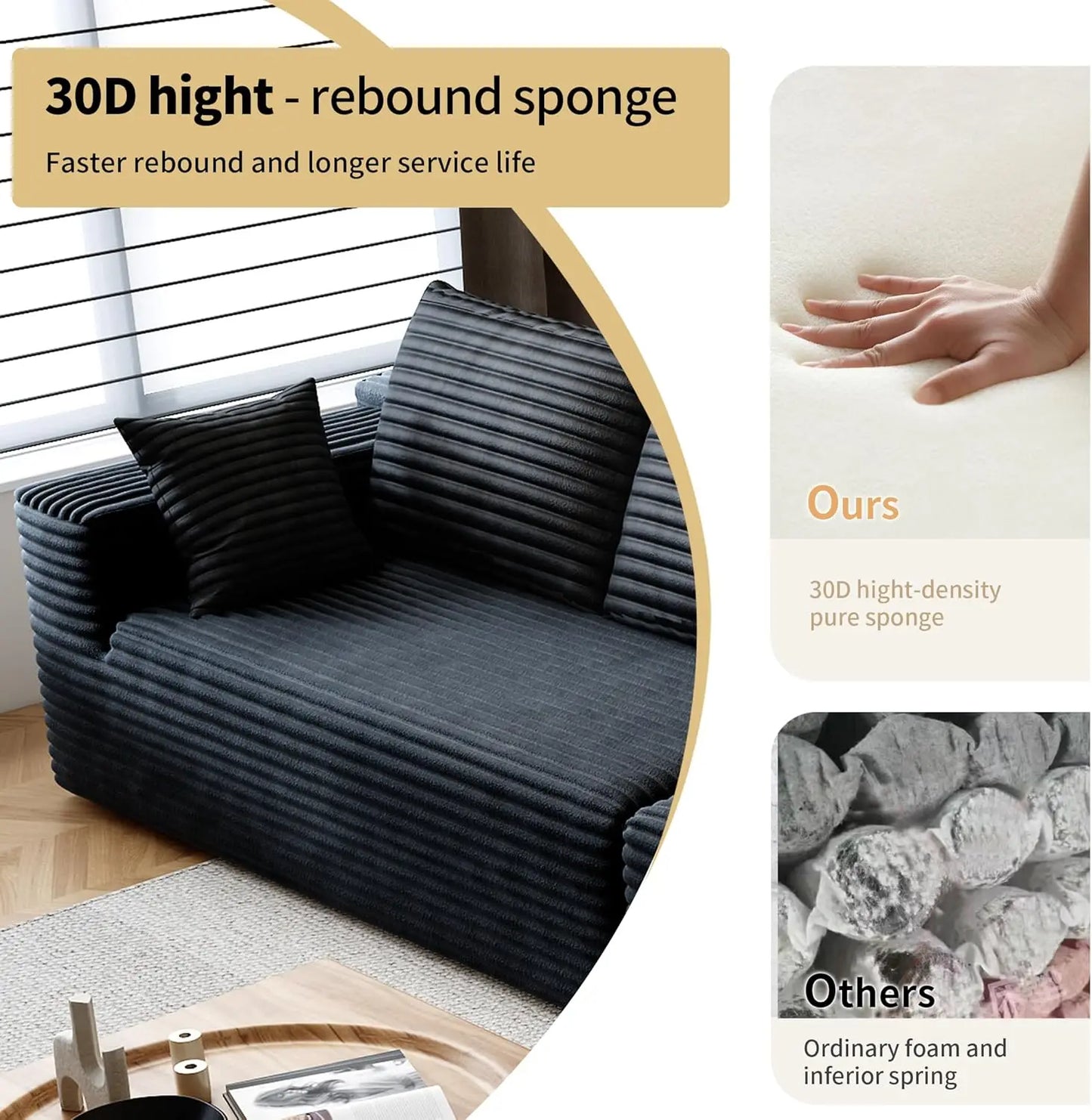 Cloud-style sectional sofa, with corduroy cover, fluffy memory foam cushions, easily assembled, modular recliner, large sofa set