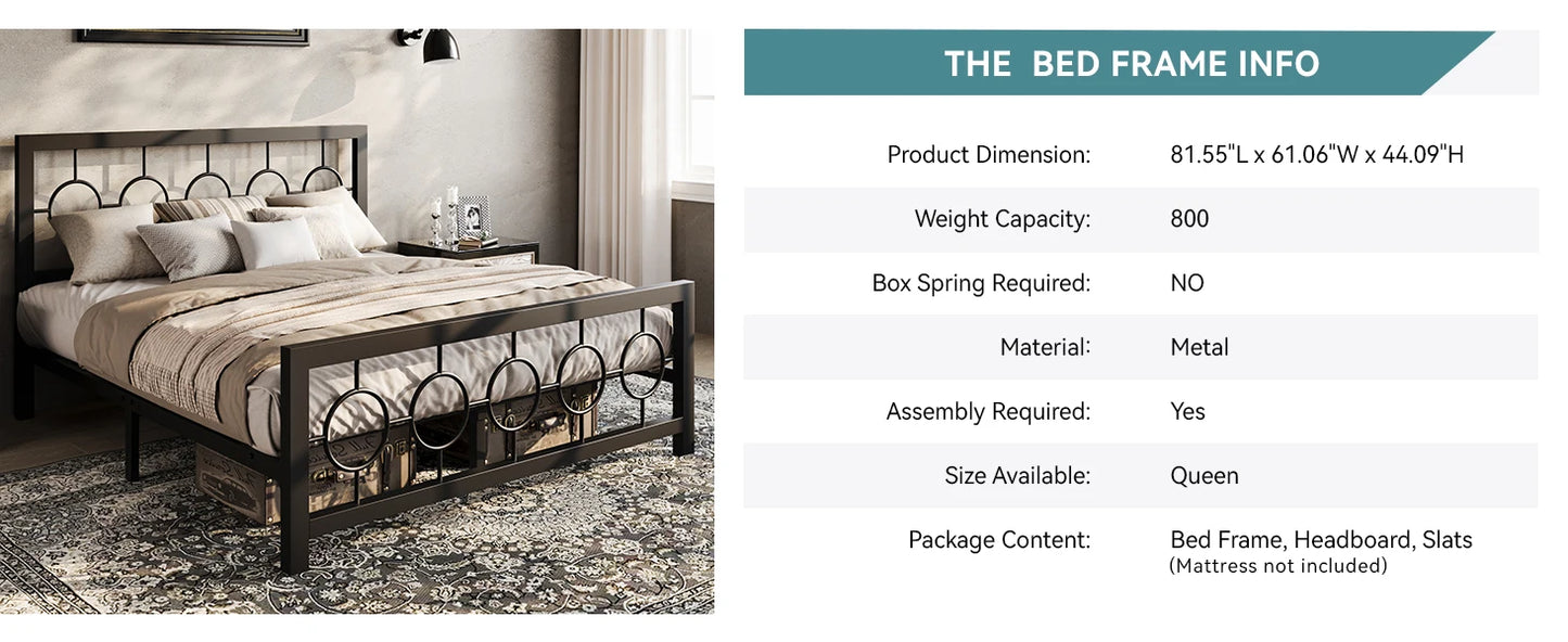 HOOMIC Metal Platform Bed Frame with Vintage Circular Design Headboard and Footboard, Extra Under-Bed Storage Allewie