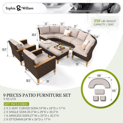 Outdoor Wicker Sectional Sofa Set, Half Moon Curved Patio Furniture Set with Ottman, High Back Rattan Patio Con