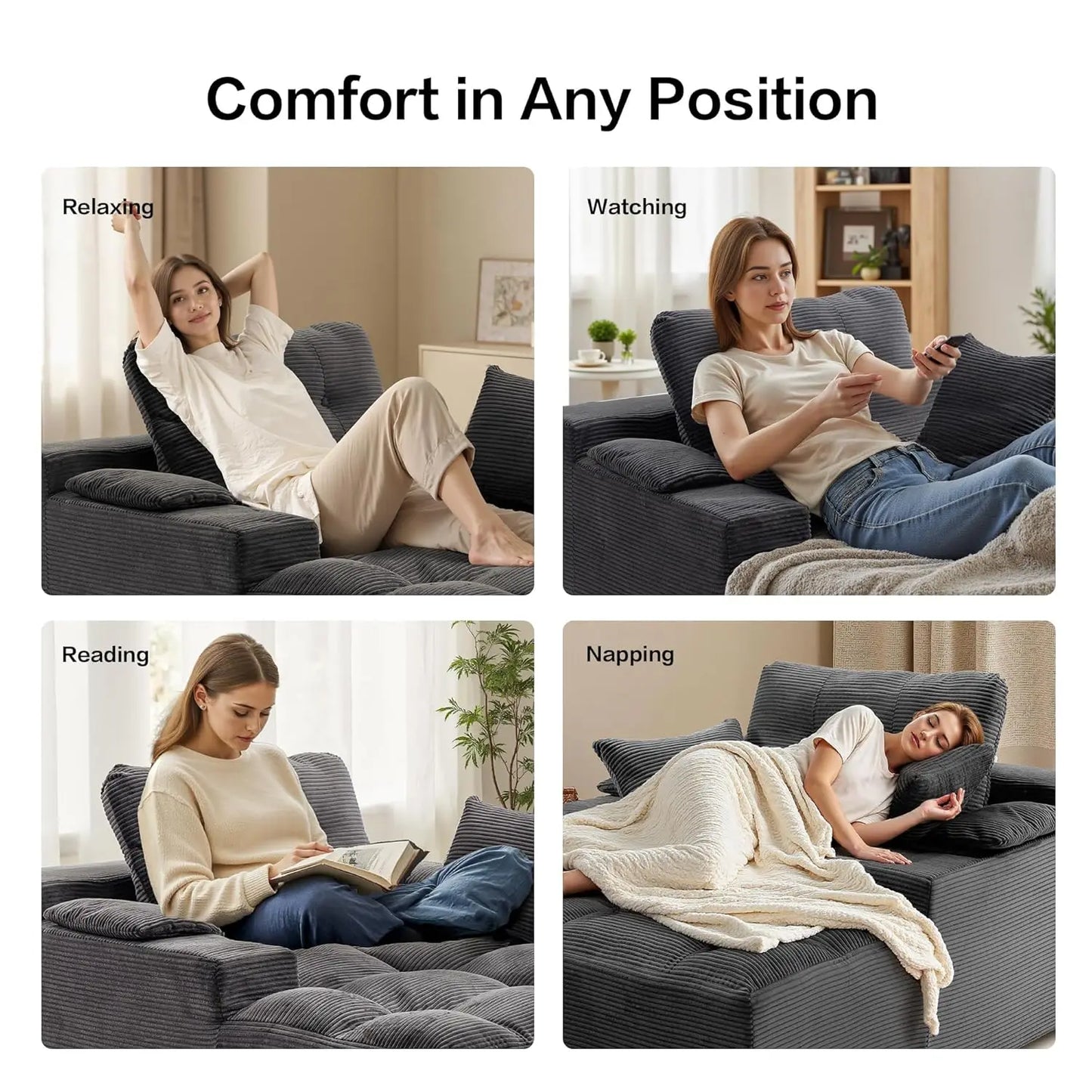 50" Oversized Boneless Chaise Lounge Chair Indoor, Plush Faux Fur Cloud Sofa Couch with Pillows, No Assembly Deep, Customized