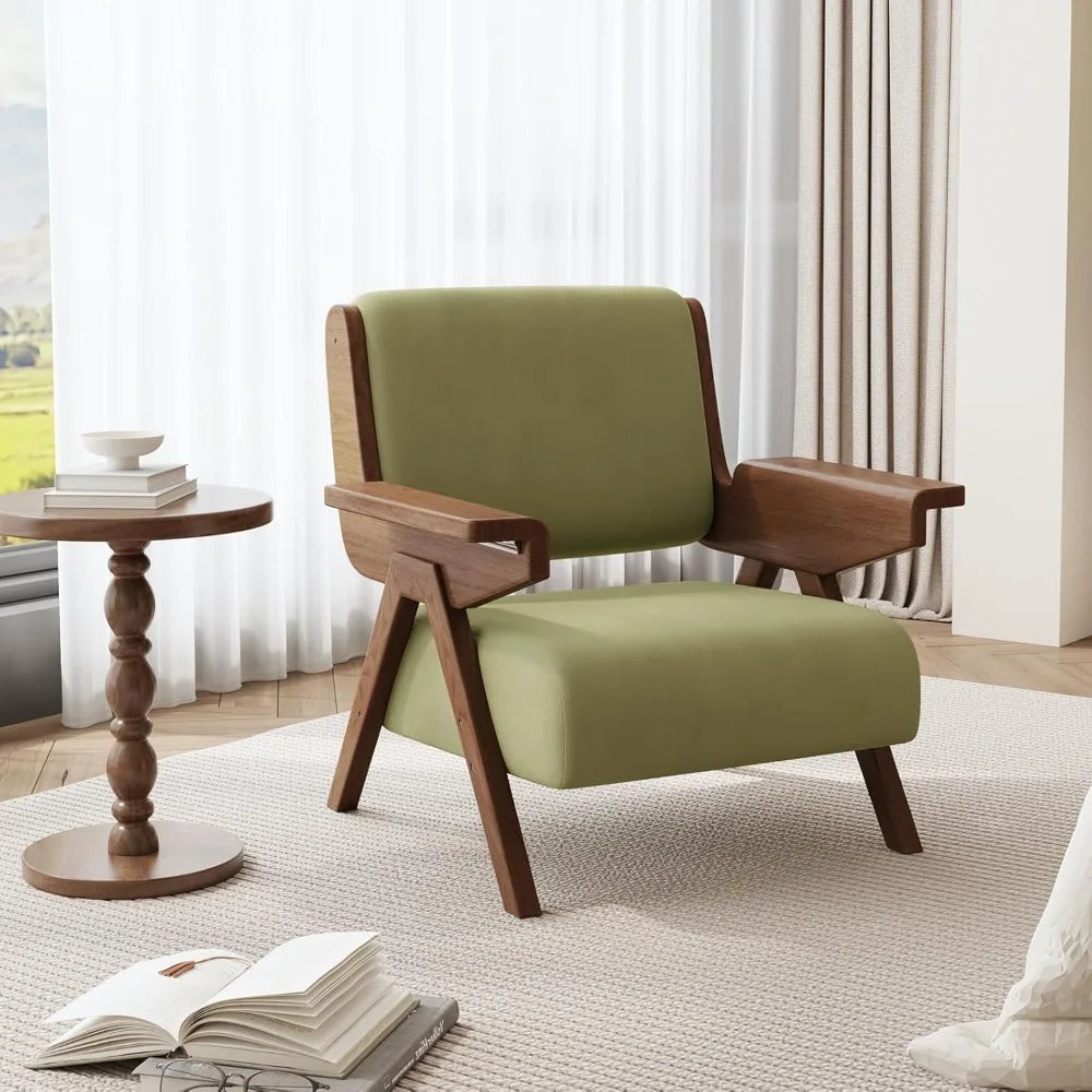 Mid Century Modern Accent Chair, Side Chair, Living Room Chairs, Solid Wood Padding Lounge Arm Chairs, Wood Frame & Soft Cushion