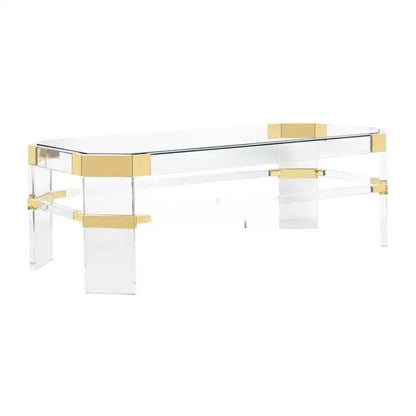 Gold Stainless Steel Frame Clear Glass Coffee Table with Storage Shelves, Modern Luxury Living Room Center Table