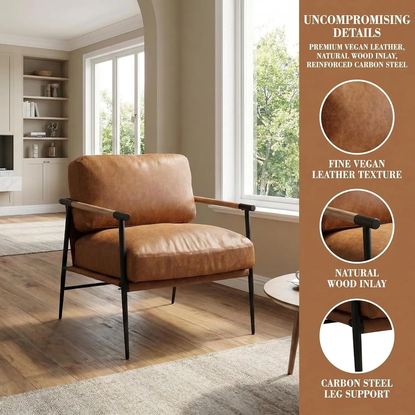 Mid-Century Leather Accent Chair Brown Modern Living Room Chair with Metal Legs Armchair Upholstered Comfy Leisure, Customized