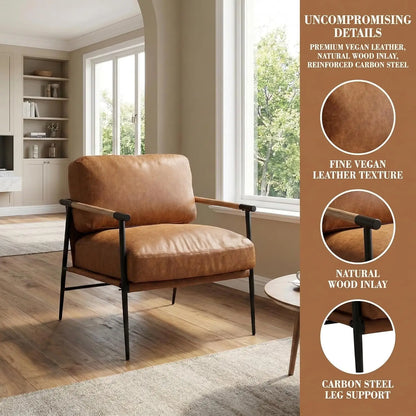 Mid-Century Leather Accent Chair Brown Modern Living Room Chair with Metal Legs Armchair Upholstered Comfy Leisure, Customized