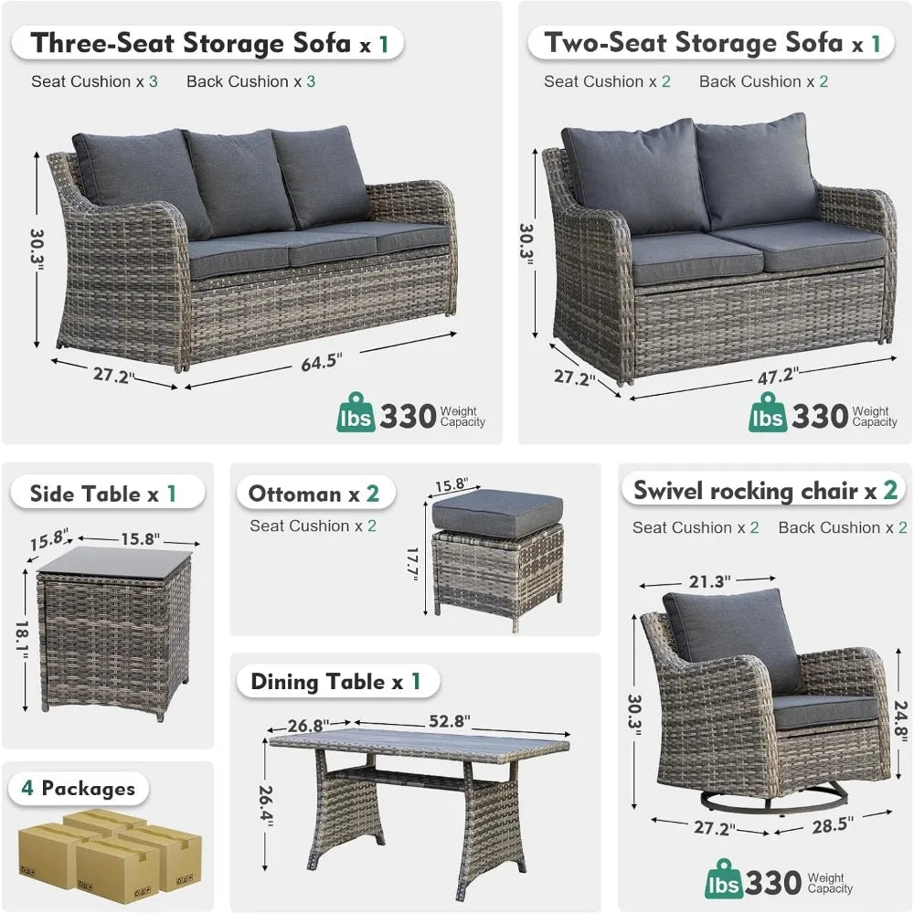 8-Piece Patio Furniture Set: Swivel Rocking Chairs & Dining Table with Waterproof Cushions