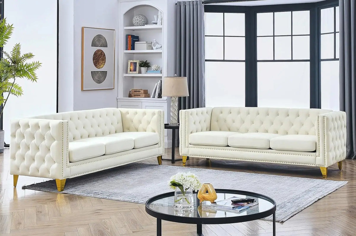 80-inch Modern Velvet 3-Seater Sofa with Button Tufted Design, Gold Metal Legs for Living Room