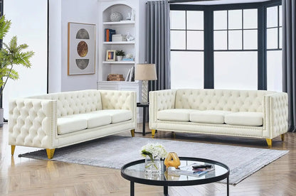 80-inch Modern Velvet 3-Seater Sofa with Button Tufted Design, Gold Metal Legs for Living Room