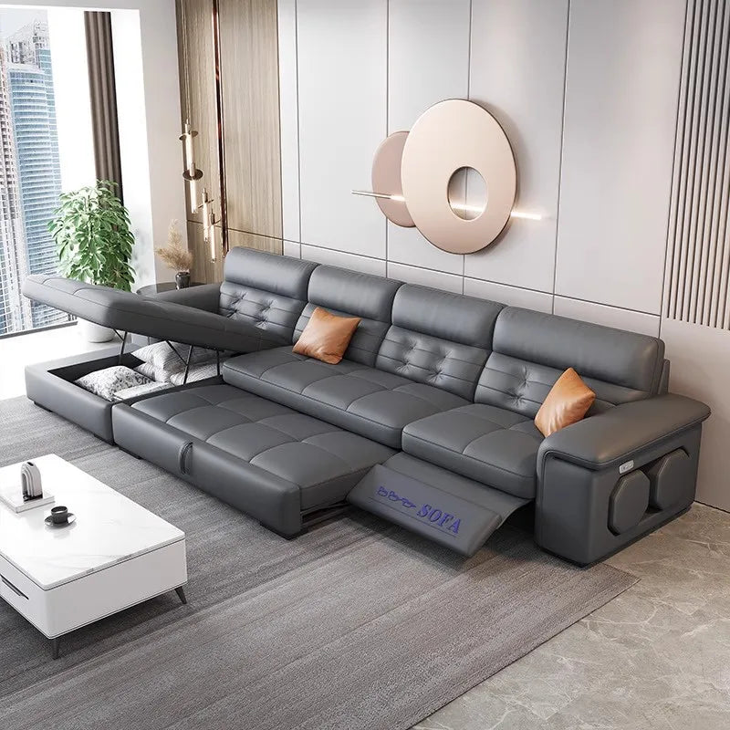 MANBAS Sectional Sofa Bed with Storage, Genuine Leather Reclining Couch, Space-Saving Convertible Sleeper Sofa for Living Room