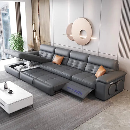 MANBAS Sectional Sofa Bed with Storage, Genuine Leather Reclining Couch, Space-Saving Convertible Sleeper Sofa for Living Room