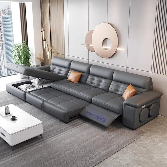 MANBAS Sectional Sofa Bed with Storage, Genuine Leather Reclining Couch, Space-Saving Convertible Sleeper Sofa for Living Room
