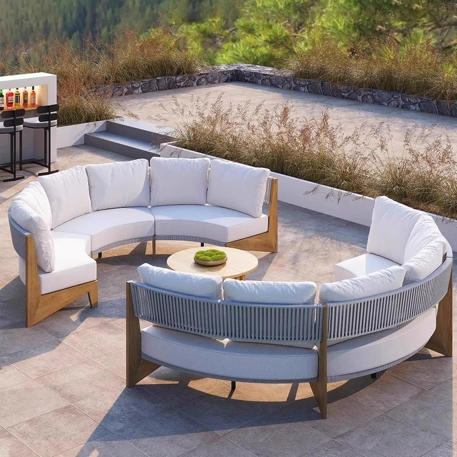 Outdoor circular sofa, rattan woven outdoor courtyard garden, villa restaurant, outdoor booth, anti-corrosion teak furniture