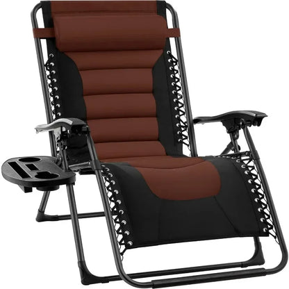 v Oversized Padded Zero Gravity Chair, Folding Outdoor Patio Recliner, XL Anti Gravity Lounger for Backyard w/Headrest, Cup Hold