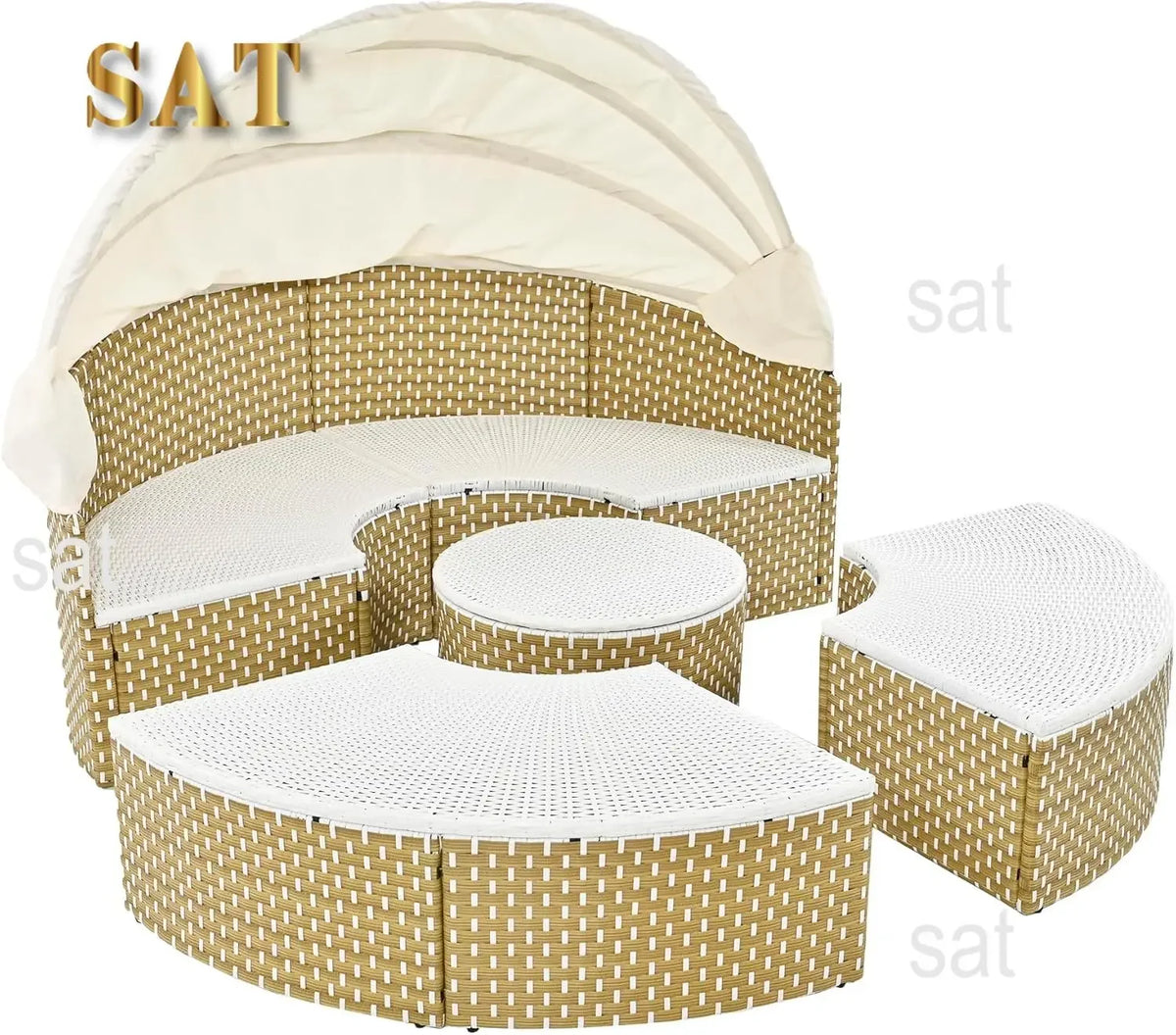 %a Patio Rattan Sunbed with Retractable Canopy, Round Outdoor Sectional Sofa Set with Separate Seating,liftable Table and Remov