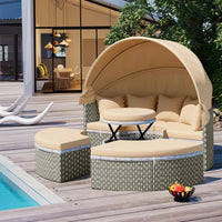 All-Weather Patio Round Outdoor Sectional Sofa Set with Retractable Canopy,Rattan Daybed Two-Tone Weave Sunbed with Separate Se