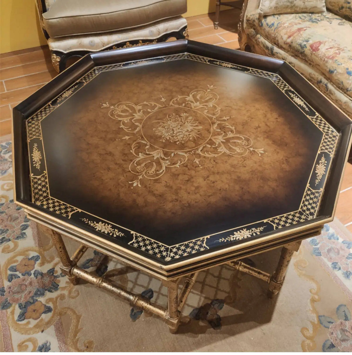 Xx French European Style Country Style Sticker Gold Foil Hand Painted Dark Black Brown Octagonal Tray Shape Coffee Table