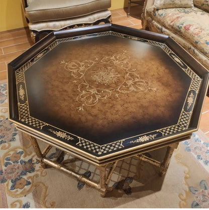 Xx French European Style Country Style Sticker Gold Foil Hand Painted Dark Black Brown Octagonal Tray Shape Coffee Table