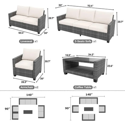 5 Piece Outdoor Patio Furniture Sets, Wicker Conversation Set for Porch Deck, Gray Rattan Sofa Chair with Blue Cushion, Brown