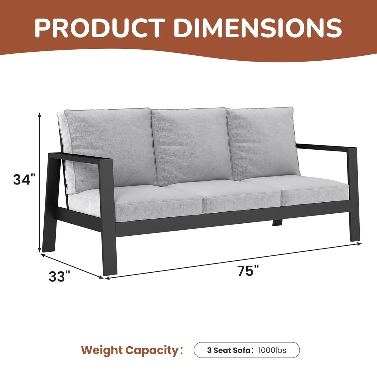 Aluminum Outdoor Patio Sofa, Water-Resistant Metal 3-Seat Outdoor Couch with 5 inch Thick Cushions, Outdoor, Customized