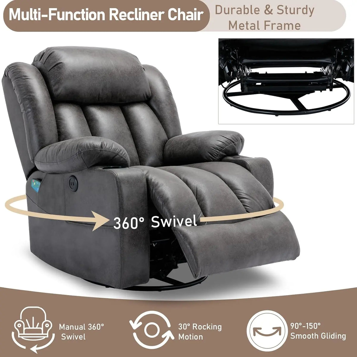 360° Swivel Rocker Recliner Chair Heat Massage Manual Glider Reclining USB Ports Grey