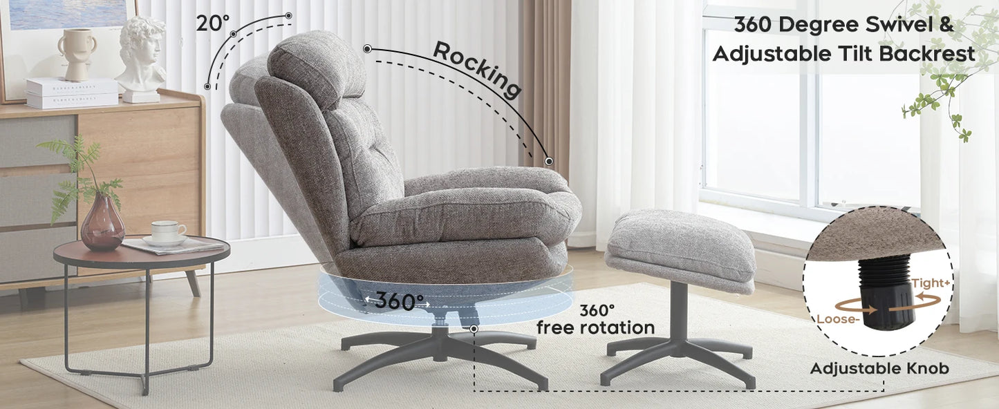 TODRANI 360° Swiveling Tilting Chenille Accent Chair with Ottoman Comfy Modern Armchair for Living Room Reading TV Lounge Chair