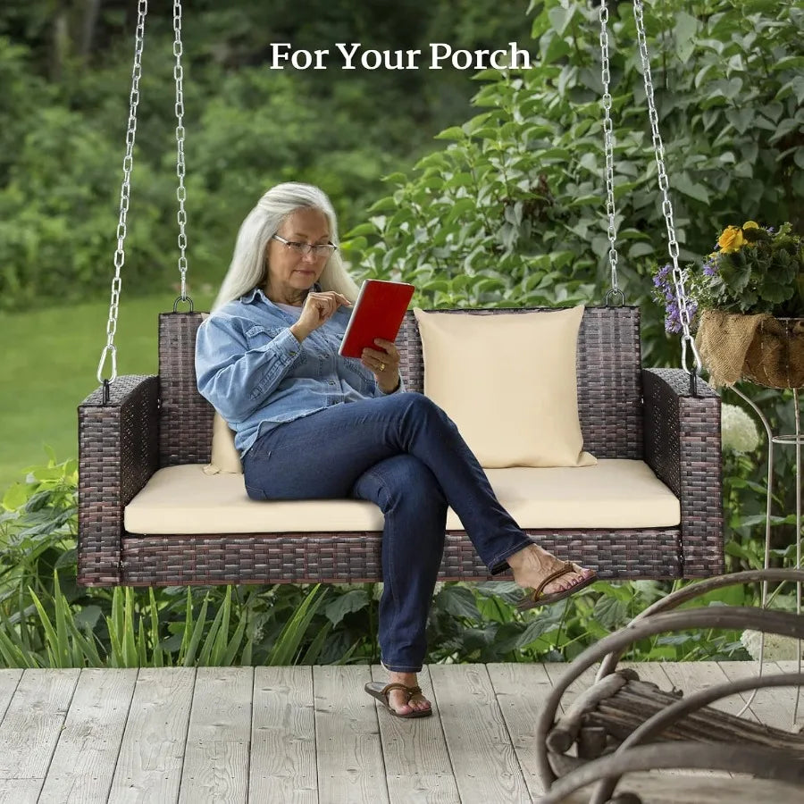 Heavy Duty 800 LBS Outdoor Rattan Porch Swing with Extra Cushion and Adjustable Chain in Brown for Garden Yard Lawn 4 FT