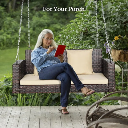 Heavy Duty 800 LBS Outdoor Rattan Porch Swing with Extra Cushion and Adjustable Chain in Brown for Garden Yard Lawn 4 FT