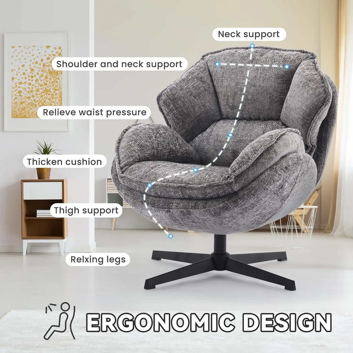 Swivel Accent Chair, Upholstered Armchair with Metal Legs, Gray
