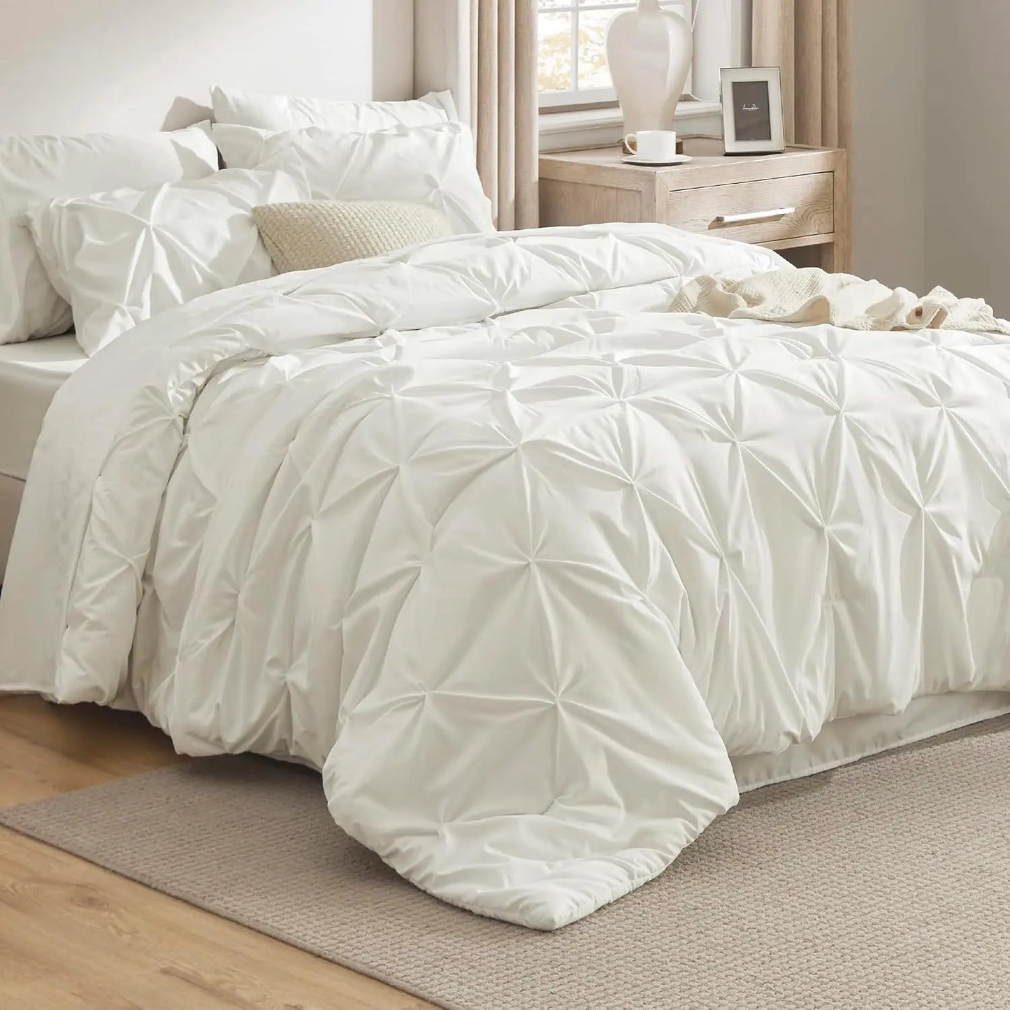 King Size Comforter Set Ivory Bed in a Bag King Size 7 Pieces GentleSoft™ Pintuck Bed Set Gift for Family Pinch Pleat Ivory Comf