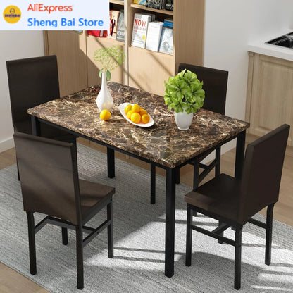 Modern Kitchen & Dining Room Sets Faux Marble Table with 4 Leather Chairs for Small Space, Home Kitchen, Apartment, Brown