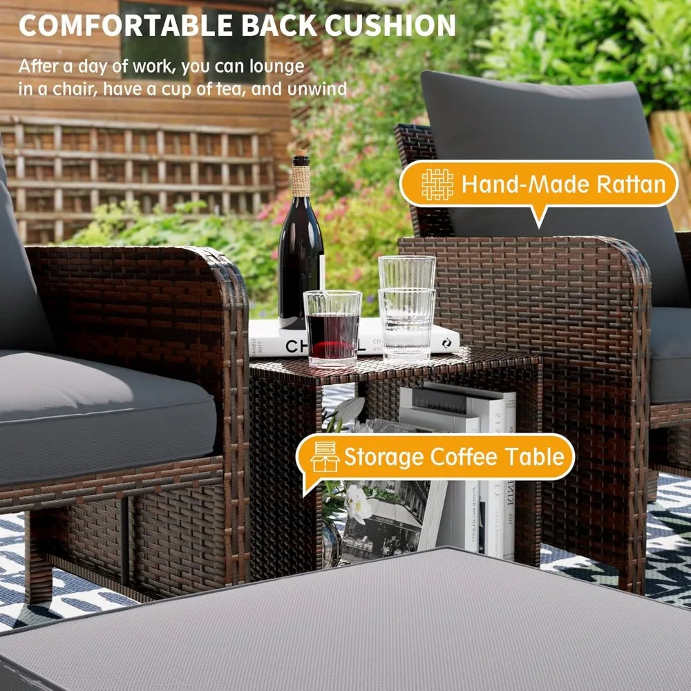 5-Piece Wicker Patio Furniture Set with Ottoman for Small Space Balcony Chairs and Footrest