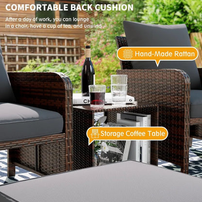 5-Piece Wicker Patio Furniture Set with Ottoman for Small Space Balcony Chairs and Footrest