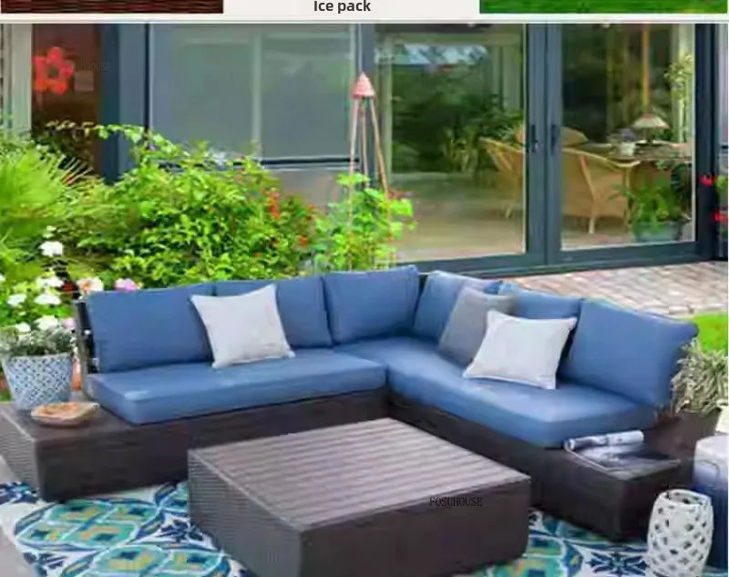 American Modern Courtyard Furniture Leisure Rattan Sofa Chairs Outdoor Country Corner Garden Sofas Patio Furniture Set a