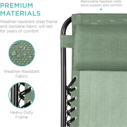 Adjustable Steel Mesh Zero Gravity Lounge Chair Recliners with Pillows and Cup Holder Trays - Sage Green