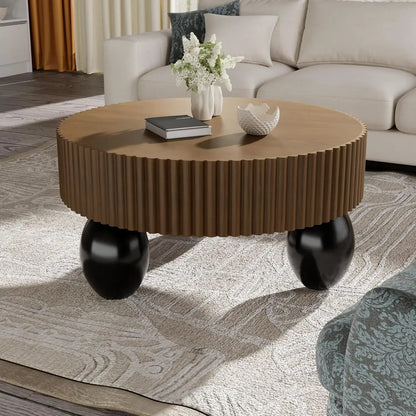 31.5 Inch round Fluted Coffee Table Farmhouse Luxury 3-Leg Base Natural Wood Veneer for Small Spaces