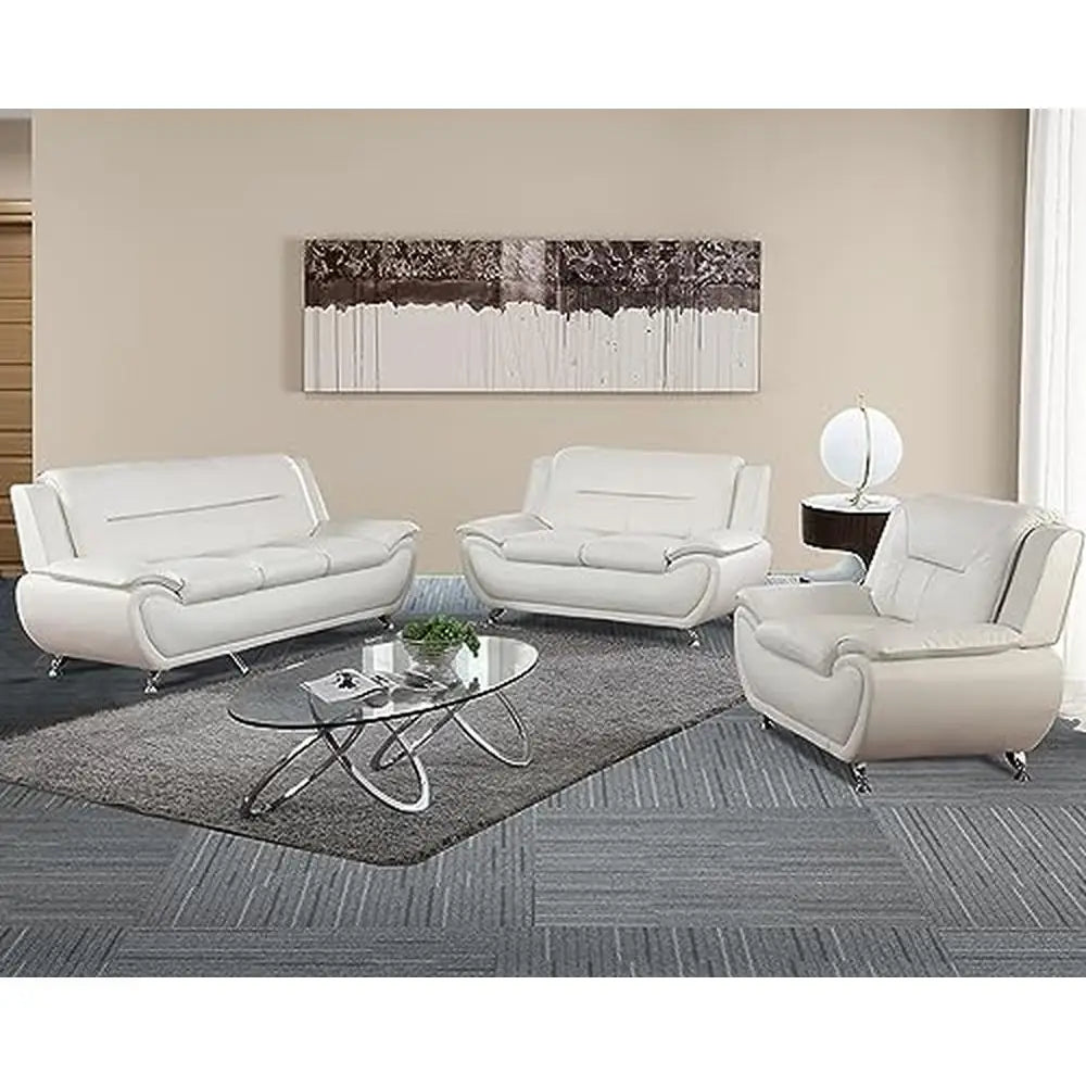 3-Piece Modern Living Room Furniture Set Leather Sofa Loveseat Armchair Cream Ergonomic Design Durable Wood Frame Easy-to-Clean