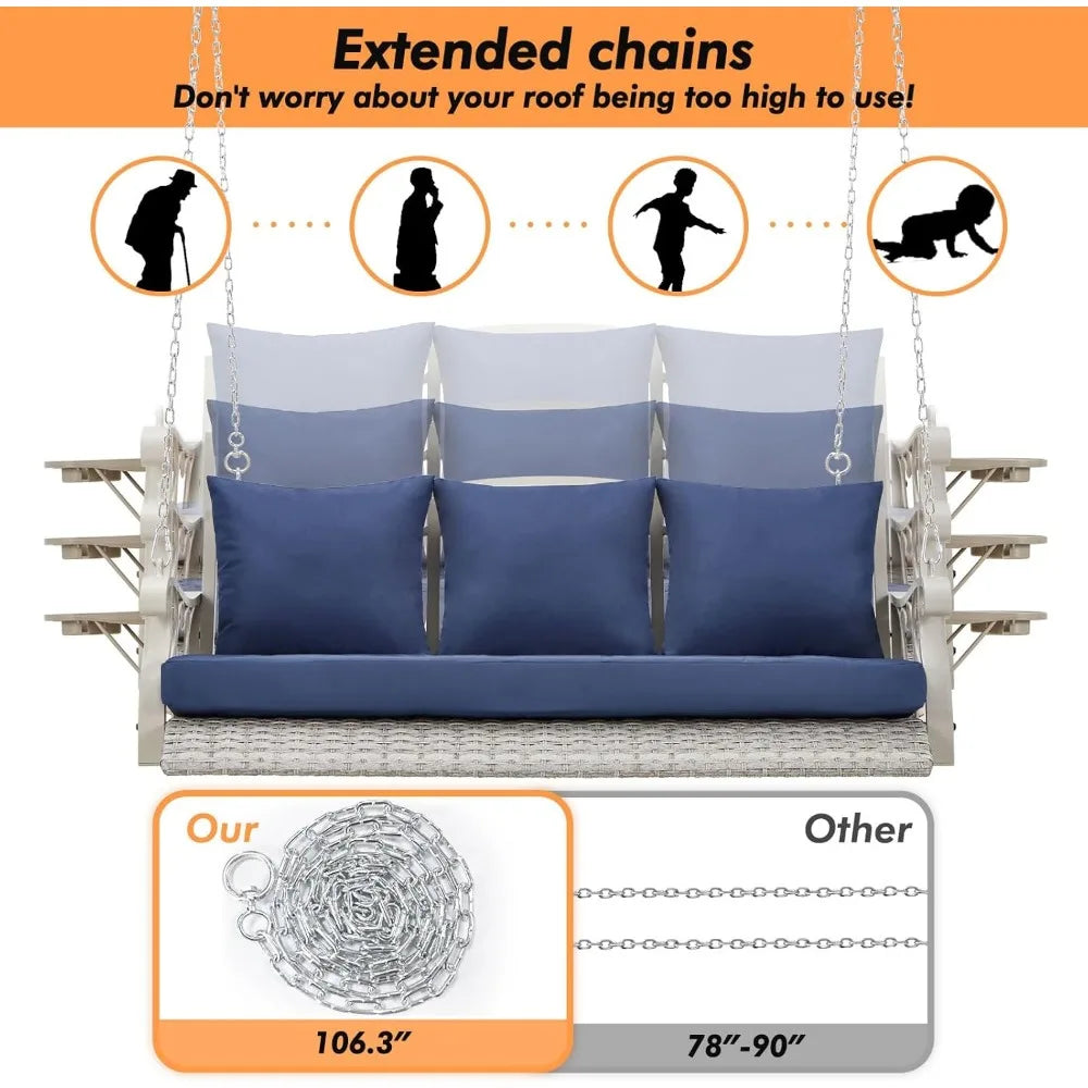 3-Person Heavy Duty Porch Swing Chair Outdoor Wicker Lounge with Cup Holder and Steel Chains, 900 LB Capacity