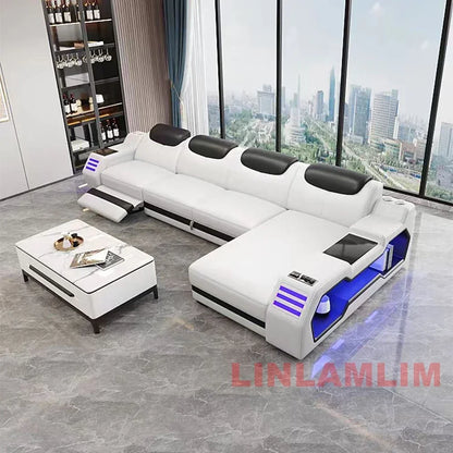 NEW Modern L-Shaped Sectional Sofa Bed with Adjustable Headrests & LED Lights, Genuine Leather Recliner Couch with Storage & USB