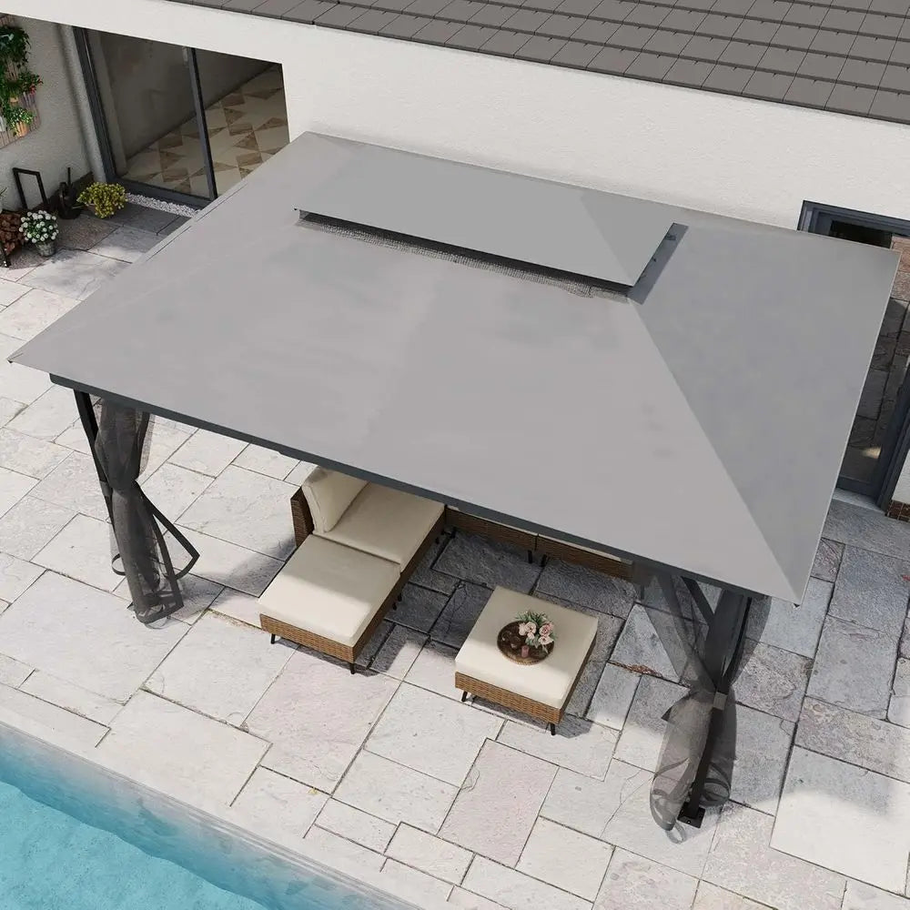 10x13ft Waterproof Patio Gazebo with Mosquito Netting, Double Roof Outdoor Pavilion for Backyard, Garden, Lawn, Wedding (Grey)