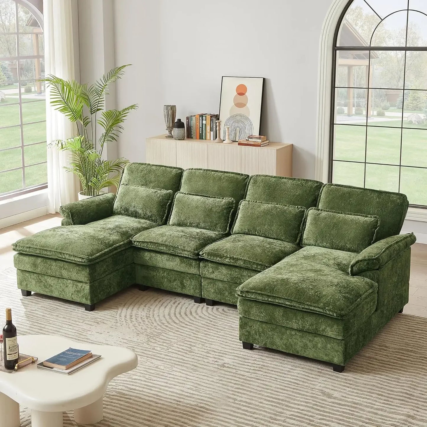 Chenille Sofa Sleeper Deep Seat Sofa with 4 Throw Pillows, 4-Seater,113" U Shaped Sectional Sofa, Comfy Cloud Couch