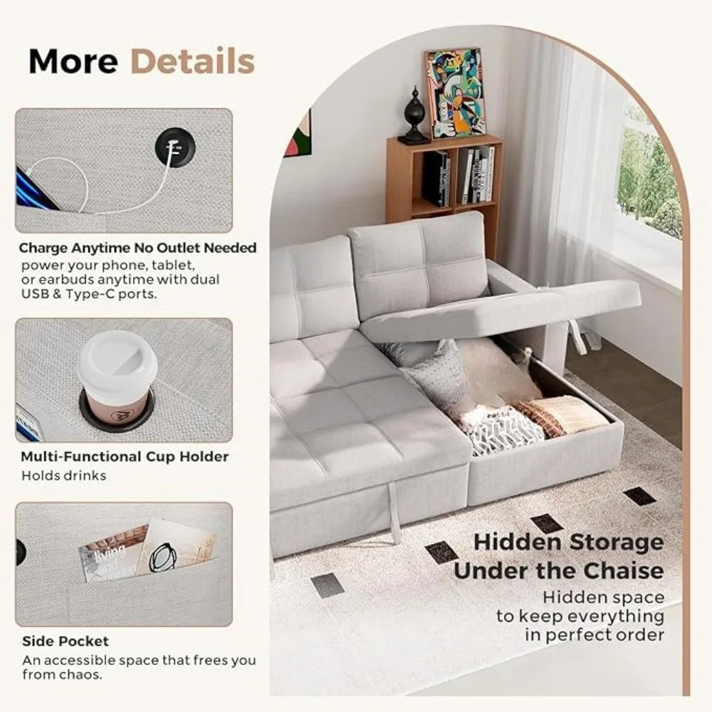 85 inch Large Sleeper Sofa Bed with Storage,L Shaped Sectional Couch Bed,2 in 1 Pull Out Couches with Convertible Chaise