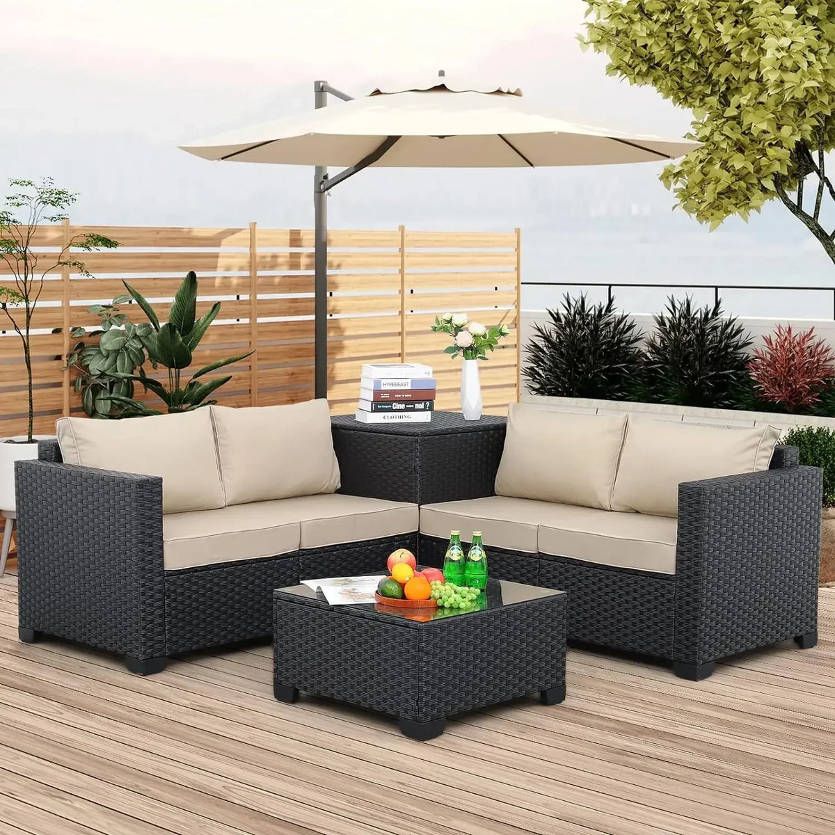 Outdoor PE Wicker Furniture Set 4 Piece Black Rattan Loveseat Couch Set With Storage Box Glass Top Table And Non-Slip Cushion